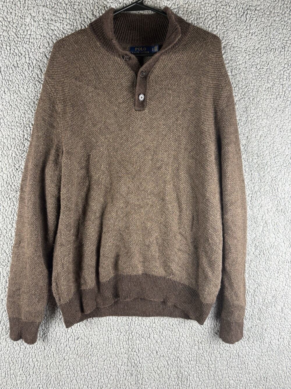 Vintage Polo Ralph Lauren Pullover Sweater Henley Wool Brown Buttons XL